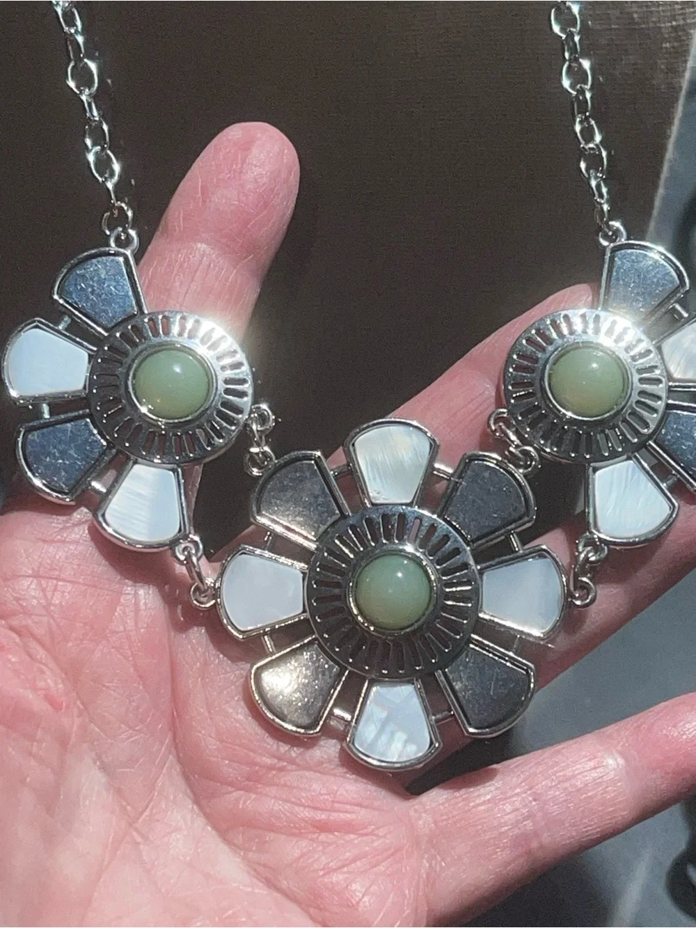 Floral Statement Necklace with Mint Accents Silver Flower Necklace with Green St
